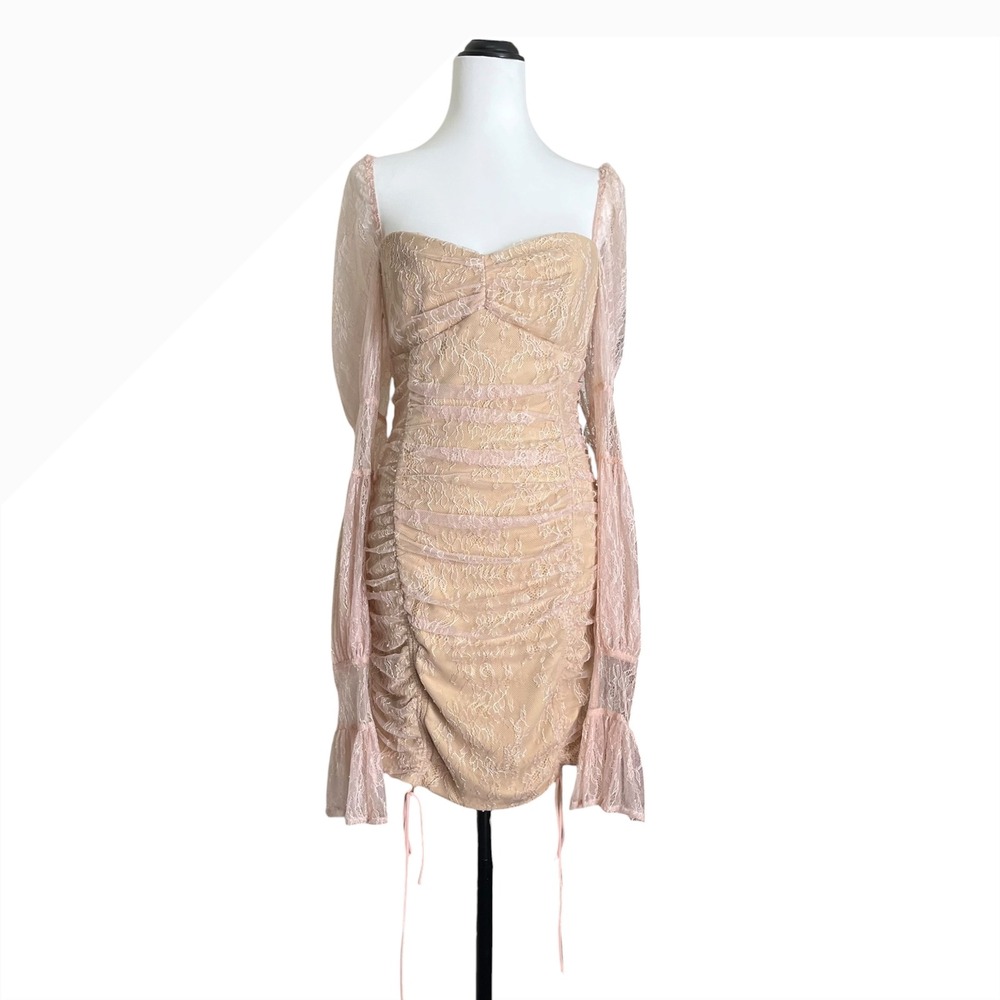 Michael Costello x REVOLVE Isadora Mini Dress Women's Large Blush Lace Ruched - Picture 2 of 10